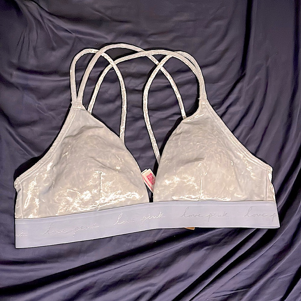 Victoria’s Secret PINK Large Light Blue Strappy Velvet Lounge Bra